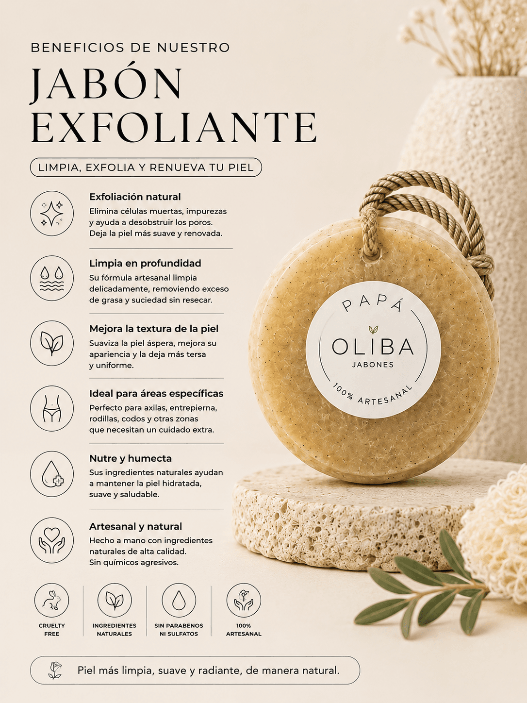 Jabón exfoliante artesanal Oliba sobre una base de piedra
